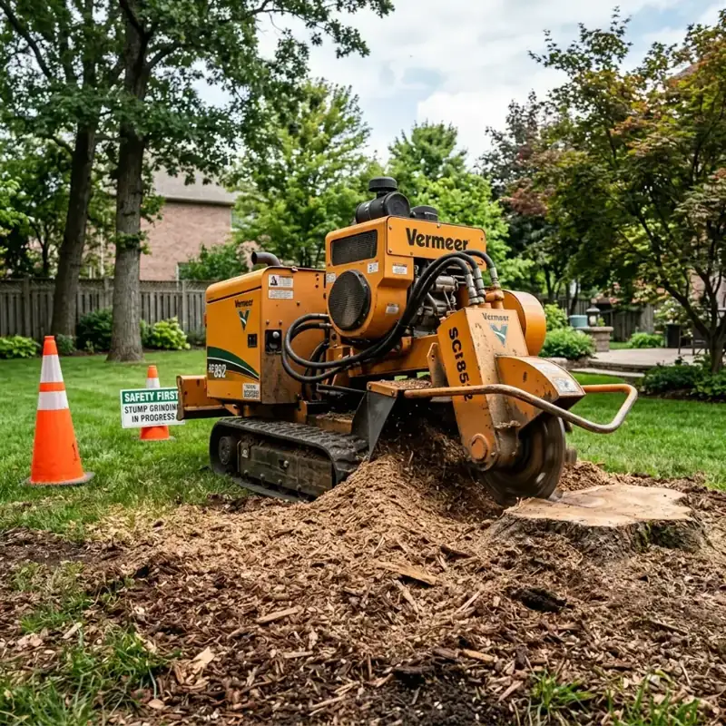 Professional stump grinder at work in a residential yard